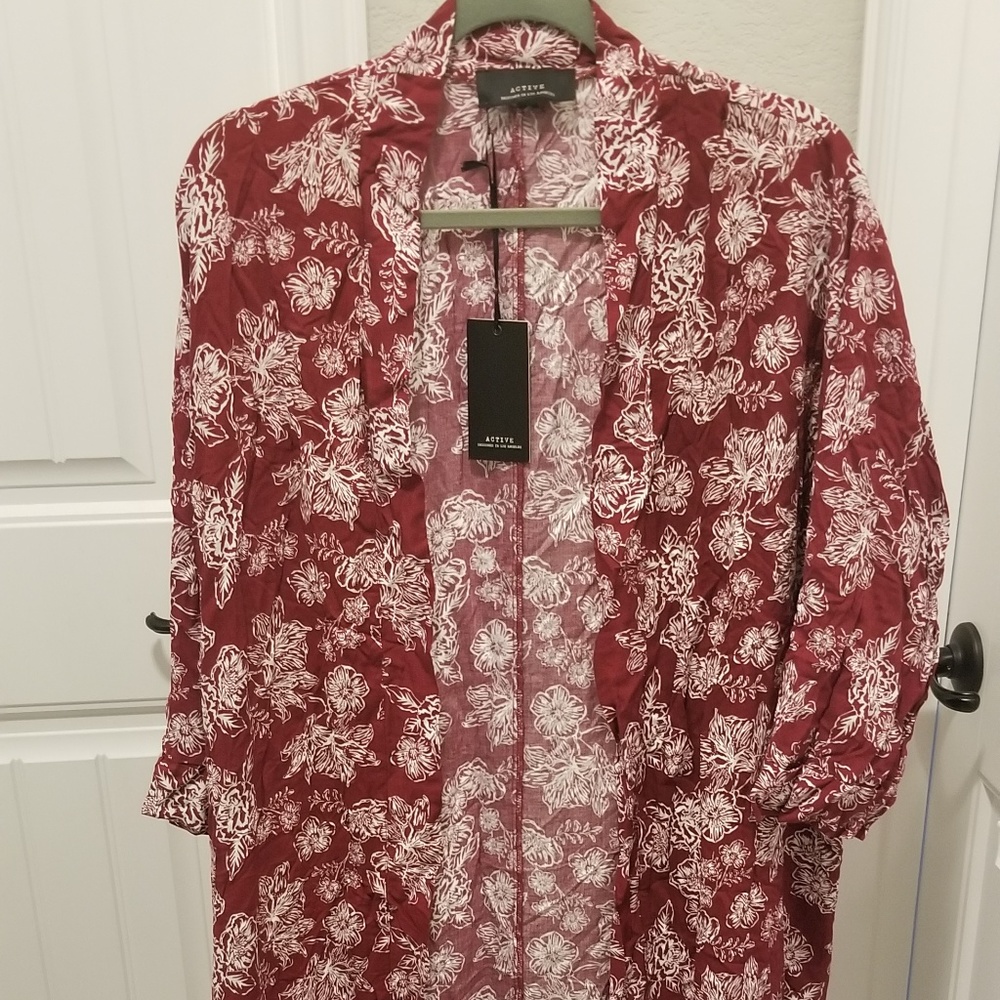 New red floral long kimono